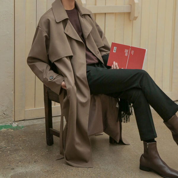 Double Breasted Trench Coat Men Mid Length Loose - Image 4