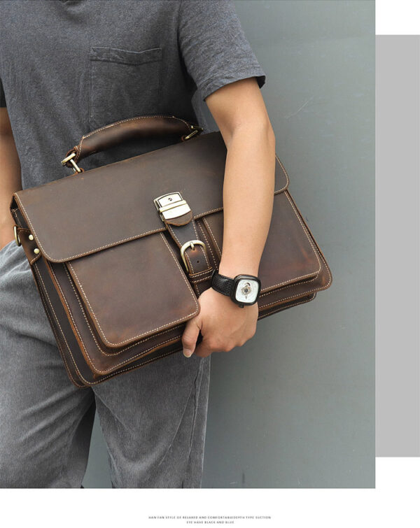 Leather Handbag Vintage Crazy Horse Leather Men's Briefcase - Image 4