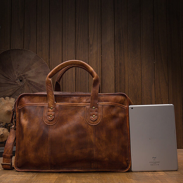Men's Vintage First Layer Leather Travel Briefcase - Image 6