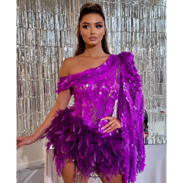 Feather Skirt One-shoulder Sleeve Short Dress - Image 5