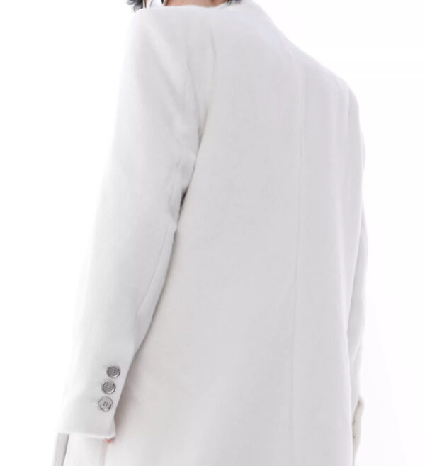 Padded Shoulder Woolen Coat PU Leather Stitching Design Long Trench Coat White Over The Knee - Image 2