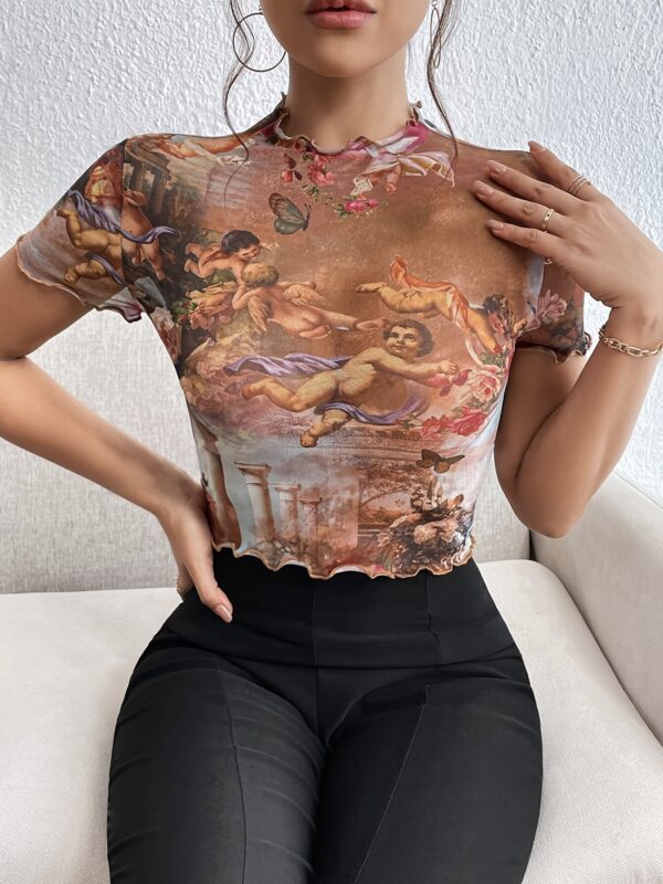 Elegant Mesh Floral Print Top Women's Clothing - Image 2