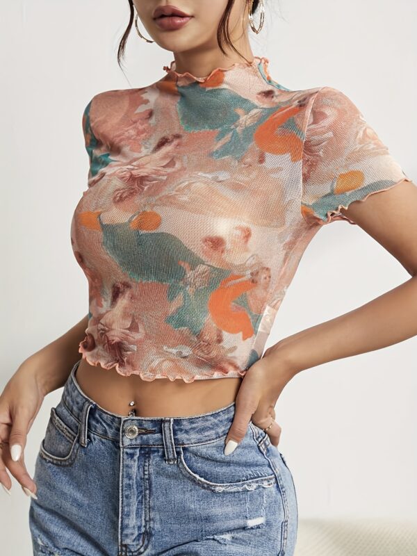 Elegant Mesh Floral Print Top Women's Clothing - Image 7