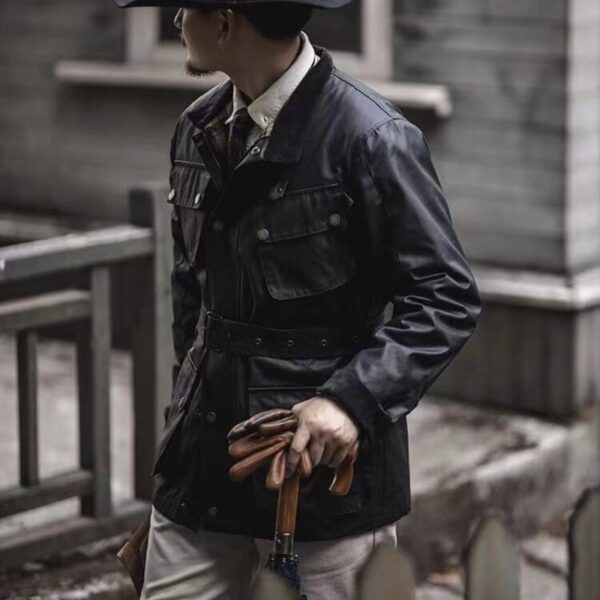 Oil Wax Jacket Trench Retro Biker's Waterproof Coat For Men - Image 6