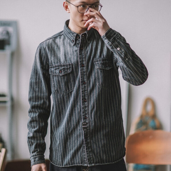 Vintage Vertical Stripes Denim Shirt Workwear Washed Old Long Sleeve Men - Image 3