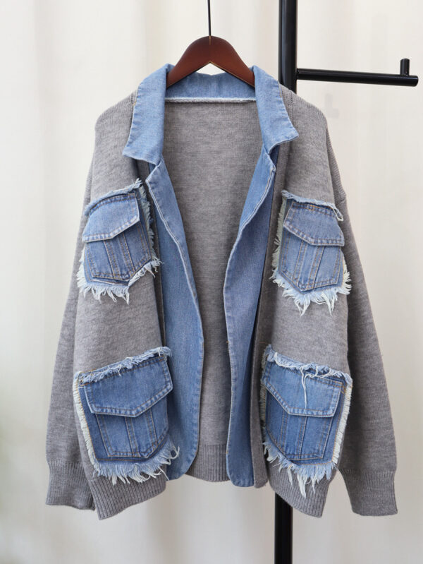 Denim Stitching Sweater Coat For Women - Image 5