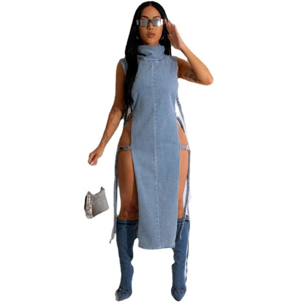 Denim Washed High Collar Dress Women - Image 8