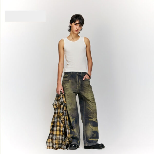 Autumn And Winter New American Street Fashion Printed Denim Wide Leg Pants For Men - Image 4