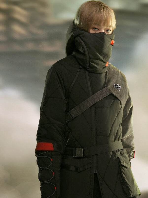 Mid-length Black Hooded Cotton Coat - Image 4