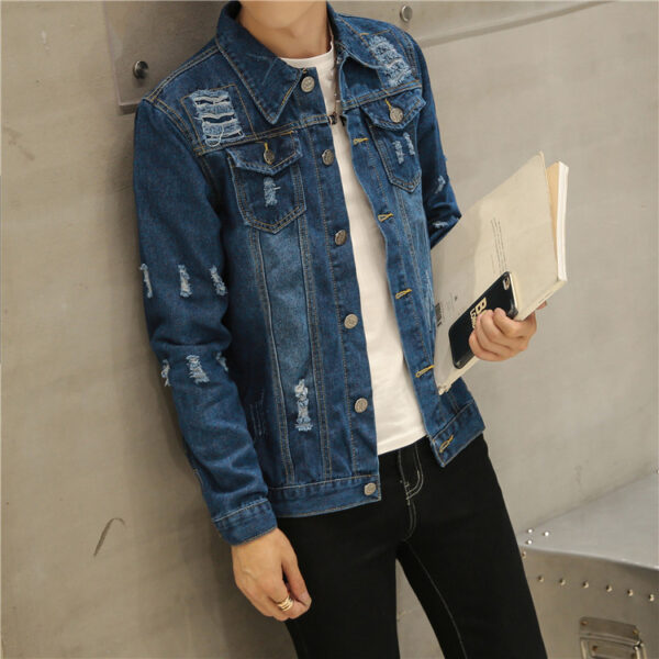 New men's denim jacket with holes for young men - Image 3