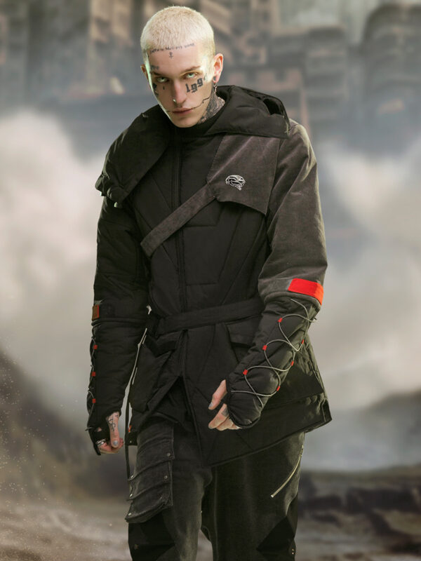 Mid-length Black Hooded Cotton Coat - Image 8