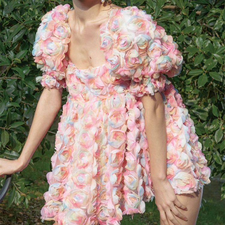 Women’s Sweet Print Mini Skirt Short Sleeve Stitching Flower Puffy Sleeve Dress