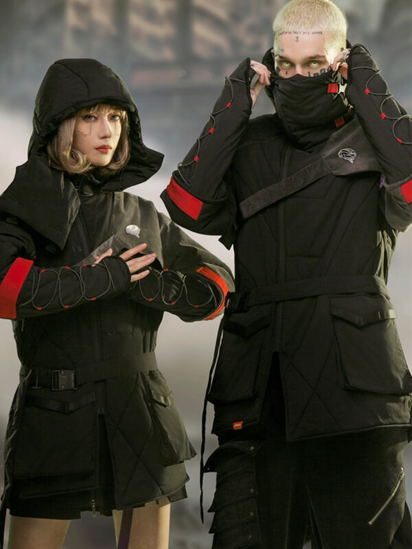 Mid-length Black Hooded Cotton Coat - Image 3