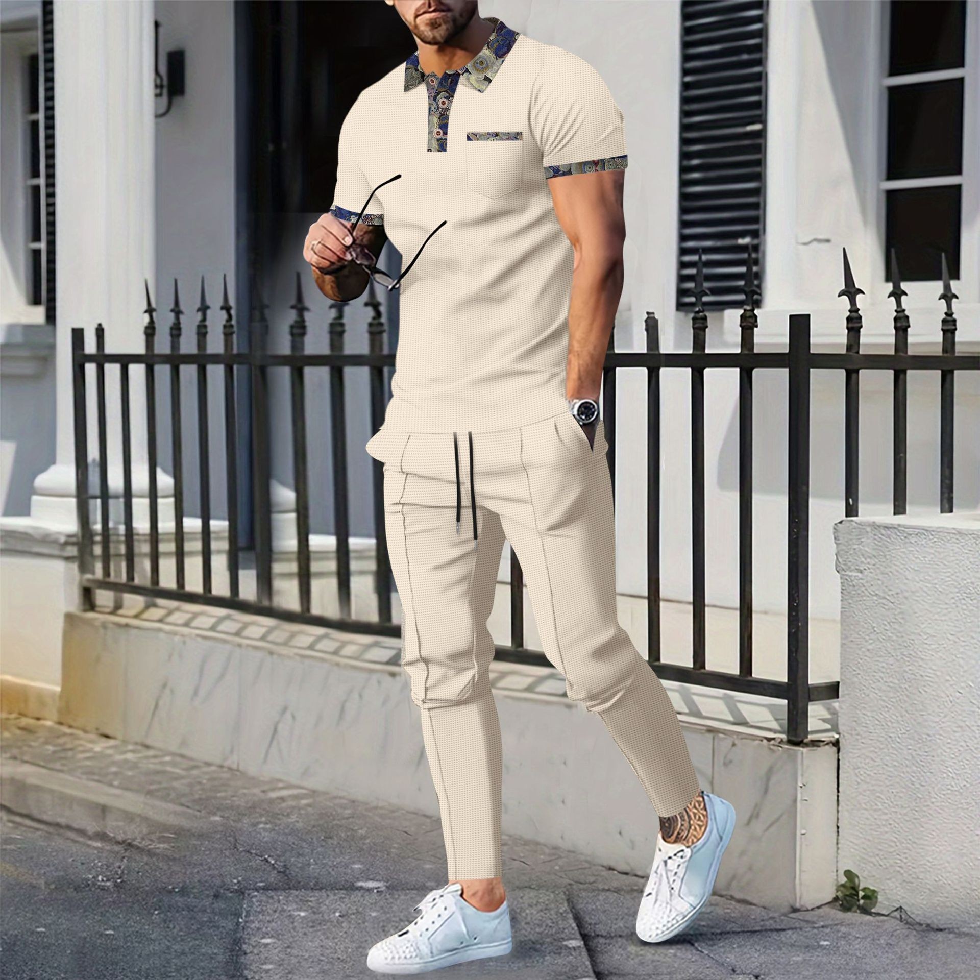 Men’s Waffle Short Sleeve Trousers Suit