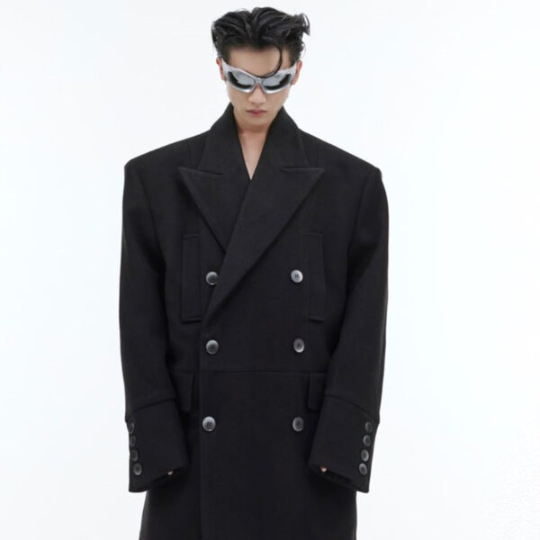 Three Dimensional Shoulder Pad Woolen Long Coat - Image 9