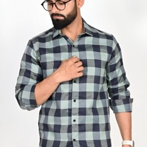 Man in Green and Navy Checkered Shirt with Glasses (Size L)