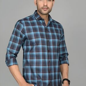 Man in Blue and Navy Checkered Shirt (Size M)