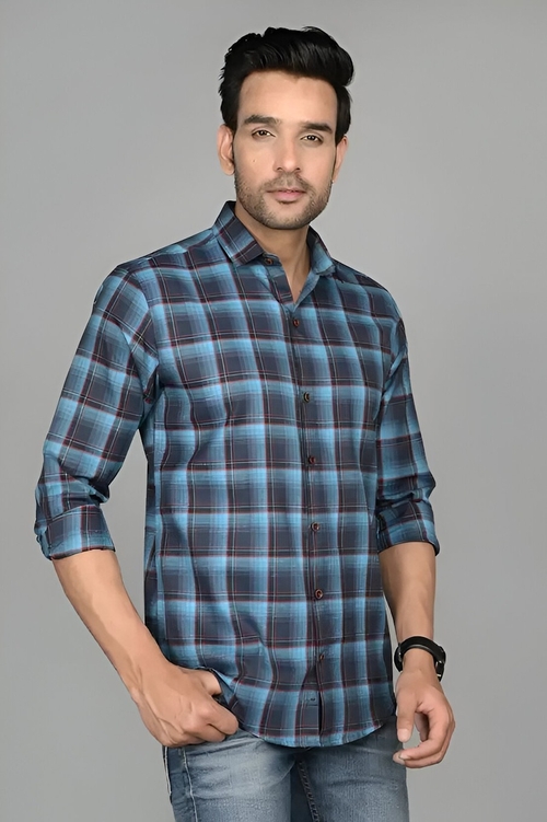 Man in Blue and Navy Checkered Shirt (Size M)
