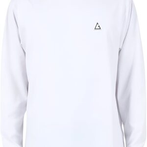 Man Wearing Plain White Long Sleeve T-Shirt with Small Triangle Logo