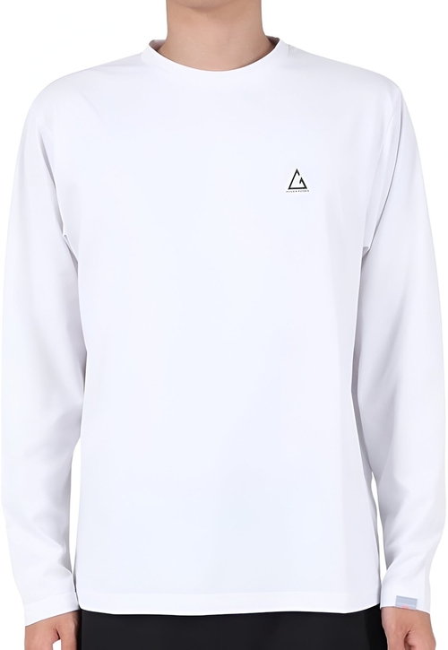Man Wearing Plain White Long Sleeve T-Shirt with Small Triangle Logo