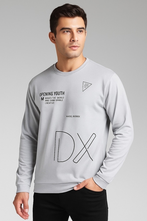 Man Wearing Light Grey Graphic Sweatshirt with DX Print (Size L)