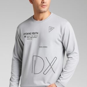 Man Wearing Light Grey Graphic Sweatshirt with DX Print (Size M)