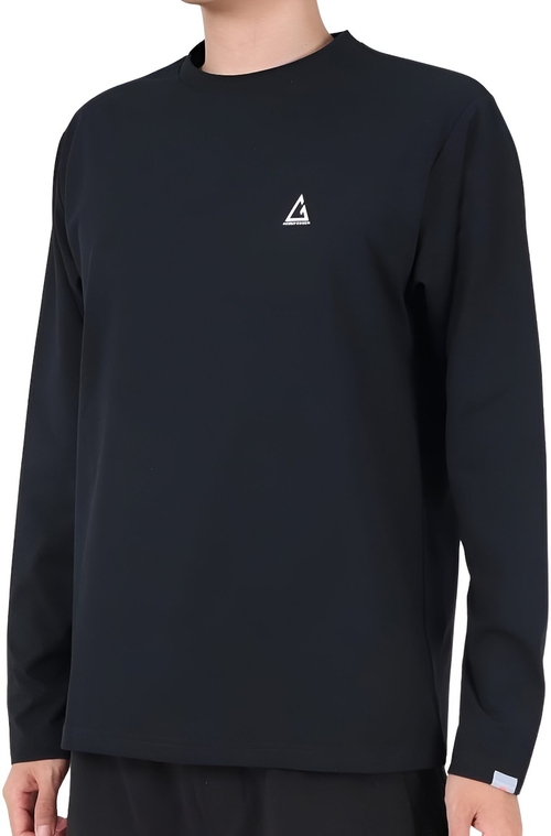 Man in Solid Black Long Sleeve T-Shirt with Minimal Triangle Logo