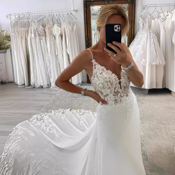Strap Fishtail Wedding Dress Bridal Slim Satin Lace Dress - Image 6