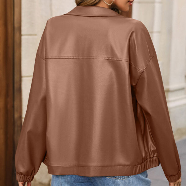 Casual Long Sleeve Solid Color PU Lapel Jacket - Image 3