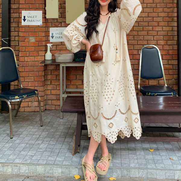 Retro Ethnic Travel Holiday Embroidered Long Dress, Hollow White Embroidered Dress, Linen V-neck Dress, Cotton Summer Cloth, Boho Maxi Dress - Image 6