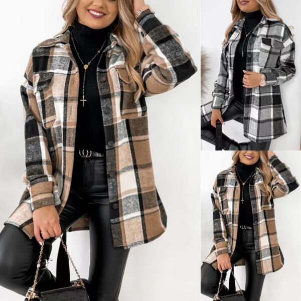 Long Sleeve Single-breasted Plaid Printed Blouse Collar Woolen Coat - Image 5