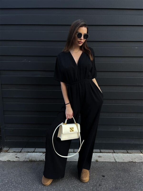 Pure Color Tied Girdle Depth V-neck Casual One-piece Wide-leg Pants - Image 3