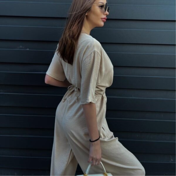 Pure Color Tied Girdle Depth V-neck Casual One-piece Wide-leg Pants - Image 2