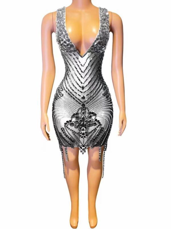 Rhinestone Sexy V-neck Tight Dress Party Dress Skirt - Image 2
