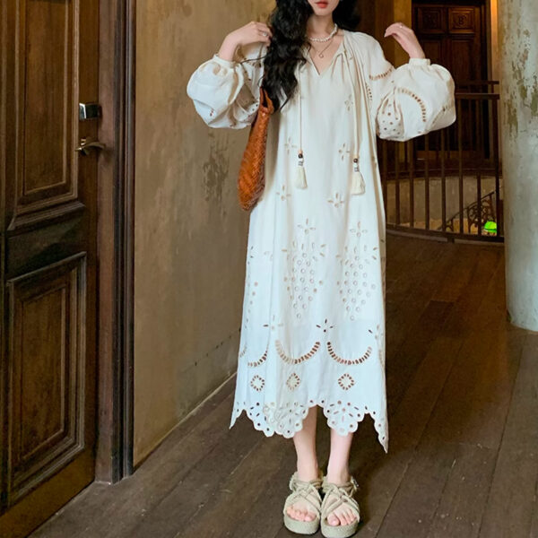 Retro Ethnic Travel Holiday Embroidered Long Dress, Hollow White Embroidered Dress, Linen V-neck Dress, Cotton Summer Cloth, Boho Maxi Dress - Image 3