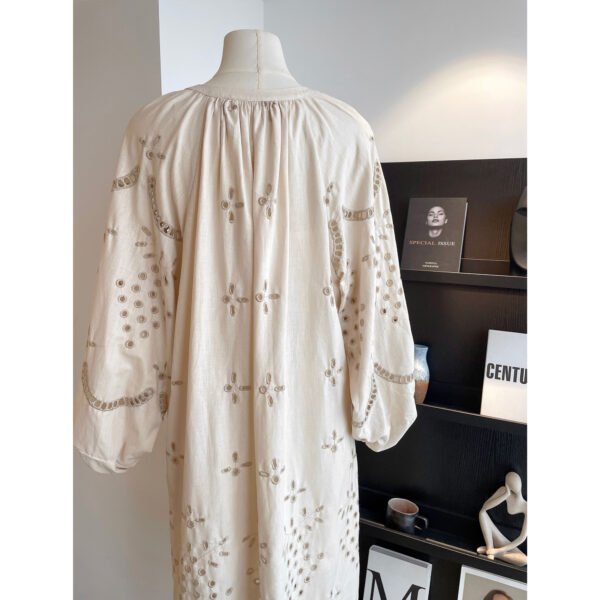 Retro Ethnic Travel Holiday Embroidered Long Dress, Hollow White Embroidered Dress, Linen V-neck Dress, Cotton Summer Cloth, Boho Maxi Dress - Image 5