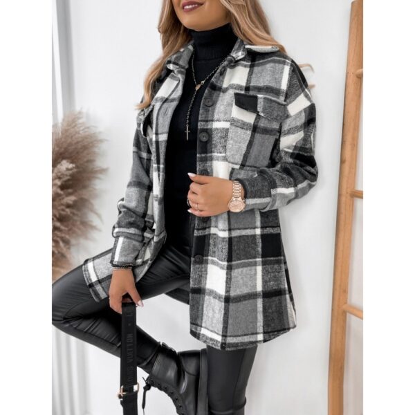 Long Sleeve Single-breasted Plaid Printed Blouse Collar Woolen Coat - Image 4