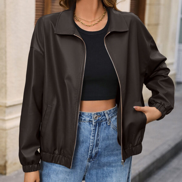 Casual Long Sleeve Solid Color PU Lapel Jacket - Image 7