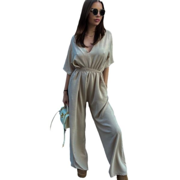 Pure Color Tied Girdle Depth V-neck Casual One-piece Wide-leg Pants - Image 5