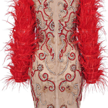 Women Red Feather Long Sleeve Mesh Rhinestone Dress - Image 5