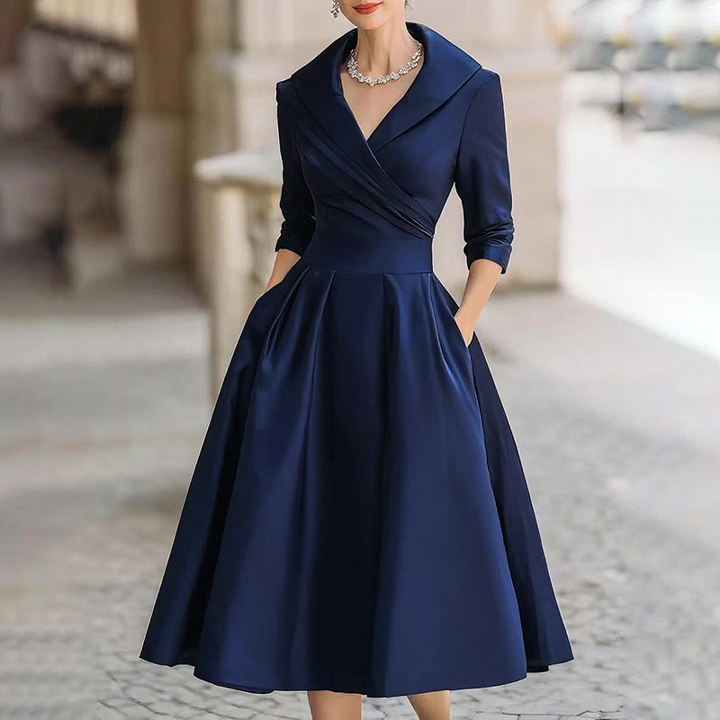Women's Elegant Solid Cross V-Neck Midi Dress With Flared Skirt And Pockets Spring Summer Formal Dress - Image 4