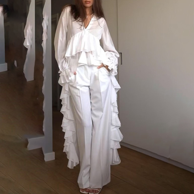 Women's Solid Long Sleeve Blouse, V Neck High Low Shirt With Irregular Ruffles, Asymmetrical Hem Office Party Tops - Image 4