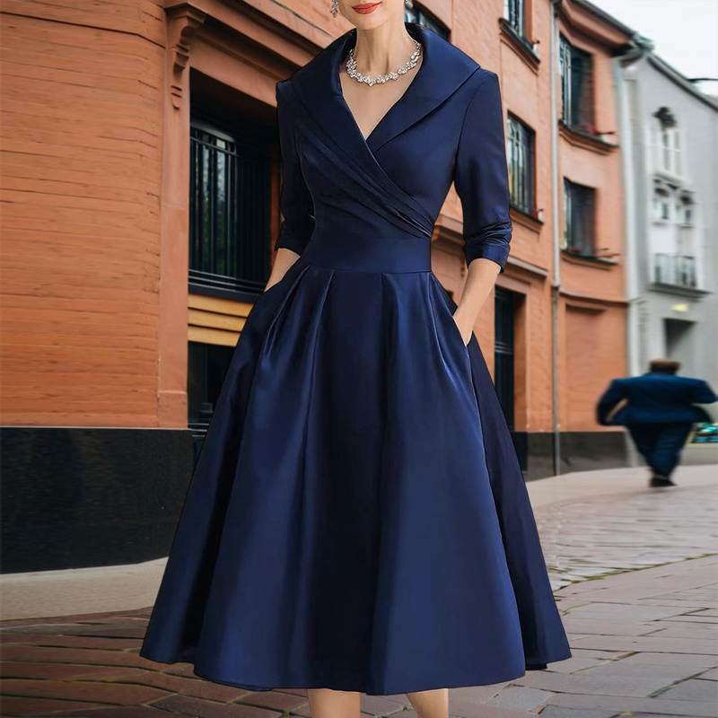 Women's Elegant Solid Cross V-Neck Midi Dress With Flared Skirt And Pockets Spring Summer Formal Dress - Image 9