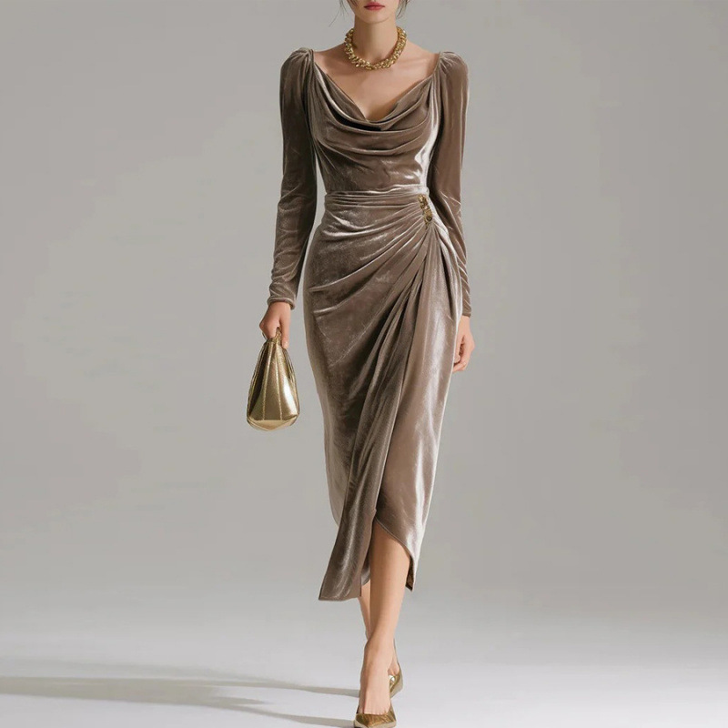 Long Sleeve Pleated Long Slit Velvet Sheath Dress - Image 5