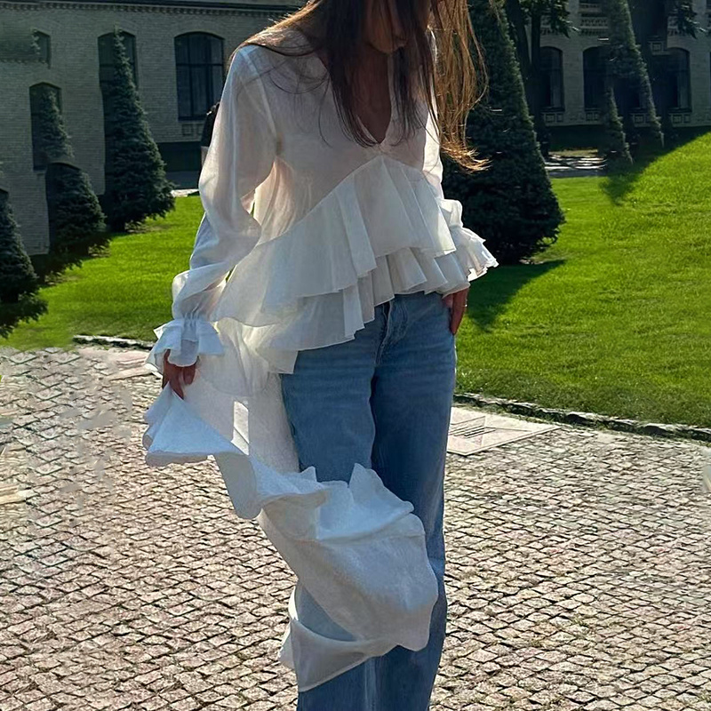 Women's Solid Long Sleeve Blouse, V Neck High Low Shirt With Irregular Ruffles, Asymmetrical Hem Office Party Tops - Image 3