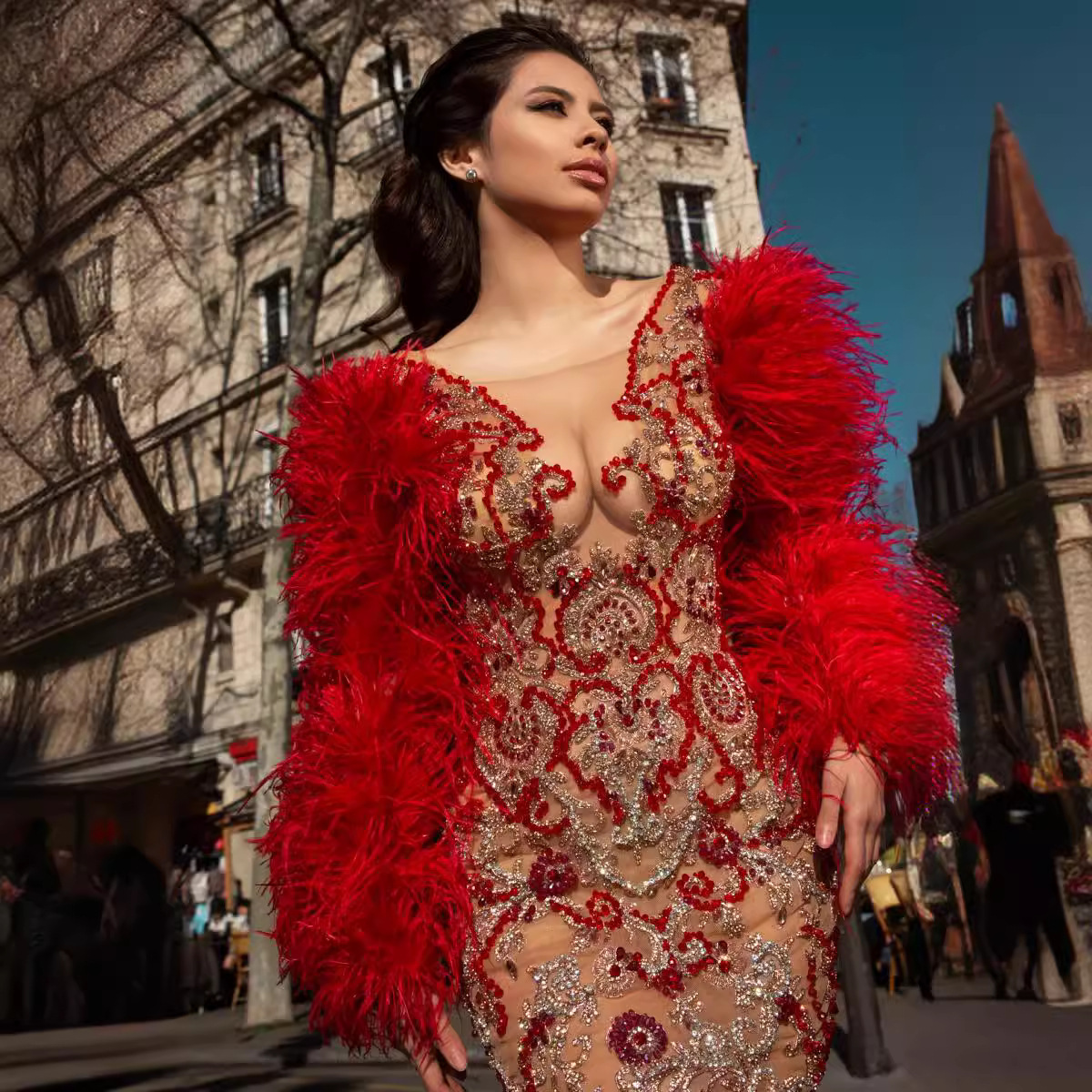 Women Red Feather Long Sleeve Mesh Rhinestone Dress - Image 4
