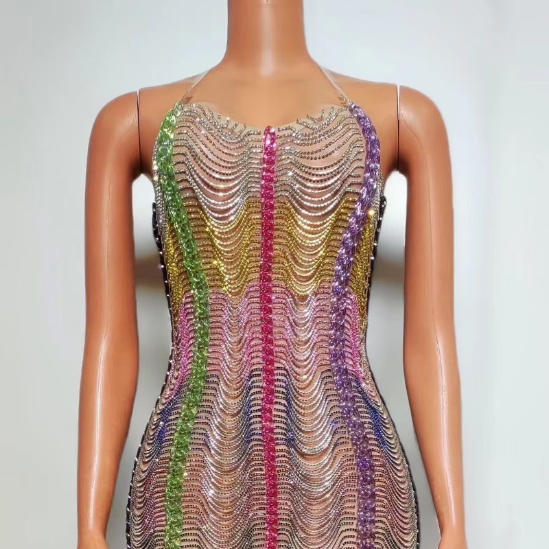 Colorful Drill Chain Dress Performance Costume Party Evening Dress