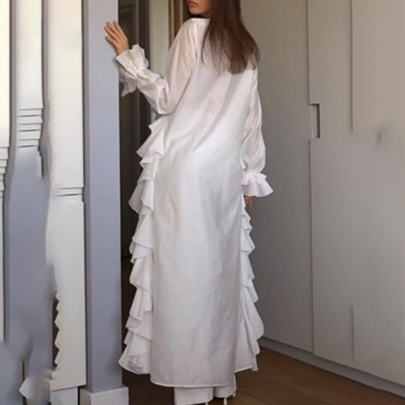 Women's Solid Long Sleeve Blouse, V Neck High Low Shirt With Irregular Ruffles, Asymmetrical Hem Office Party Tops - Image 5