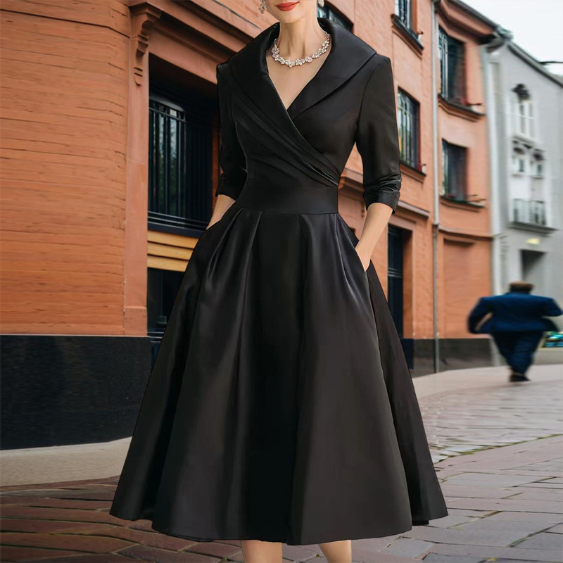 Women's Elegant Solid Cross V-Neck Midi Dress With Flared Skirt And Pockets Spring Summer Formal Dress - Image 3
