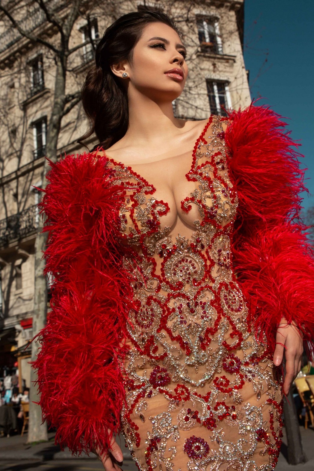 Women Red Feather Long Sleeve Mesh Rhinestone Dress - Image 9